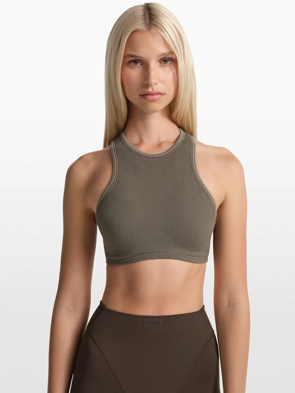 Nike x Skims Ribbed Seamless Racer Front Bra | Dusty Oakmoss/Dune | XL